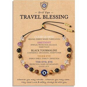 Evil Eye Dainty Crystal Bracelet Protection Amethyst Black Tourmaline Adjustable